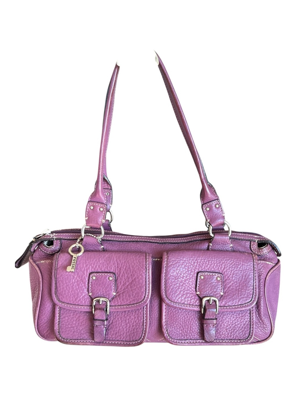 Fossil Vintage Purple Leather Double Pocket Shoulder Bag